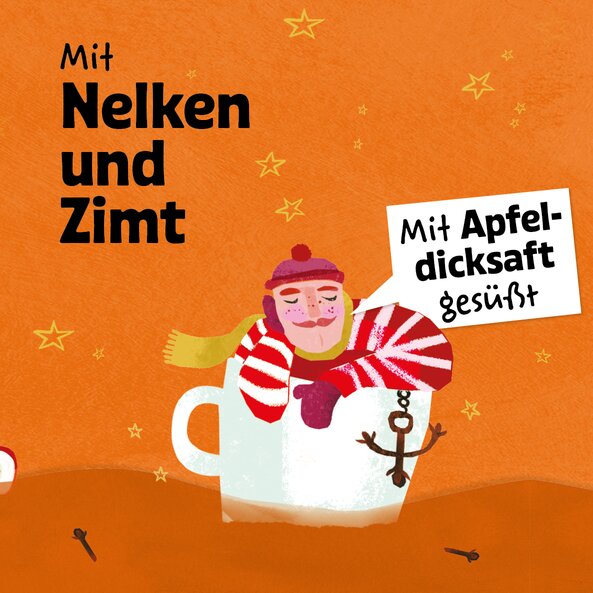 Illustration with text "With cloves and cinnamon" and "Sweetened with apple juice concentrate"